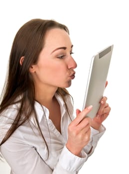 Businesswoman kissing tablet pc