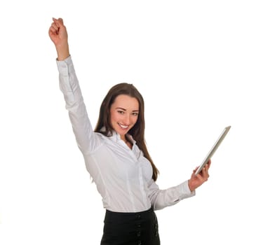 Businesswoman with tablet pc cheering