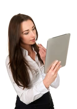 Businesswoman with lipstick and tablet pc