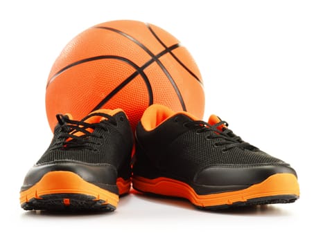 Pair of sport shoes and basketball isolated on white background