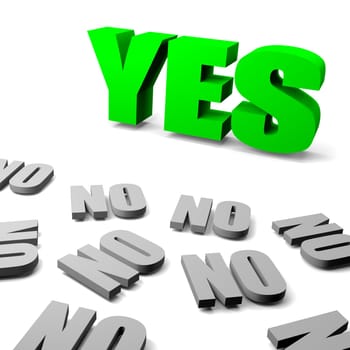 Green yes between gray no english text, thinking different concept 3d illustration