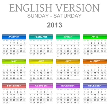 Colorful sunday to saturday 2013 calendar english version illustration