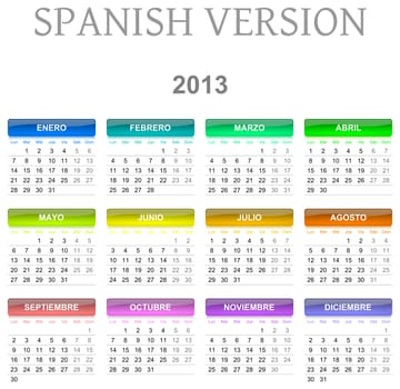 Colorful monday to sunday 2013 calendar spanish version illustration