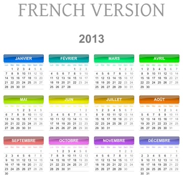 Colorful monday to sunday 2013 calendar french version illustration