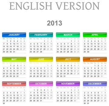 Colorful monday to sunday 2013 calendar english version illustration