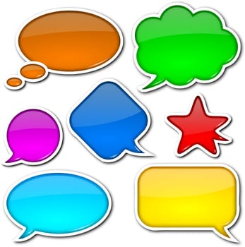 Glossy, colorful, empty and blank comic speech bubbles set with white border and shadow on white background