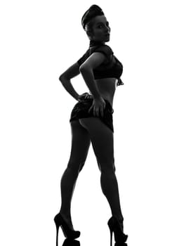 rear view  one caucasian sexy woman in army uniform in silhouette studio isolated on white background