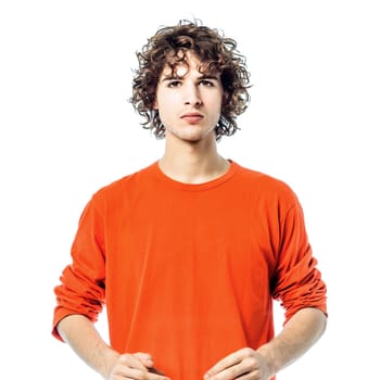 one young man caucasian  serious looking at camera  portrait  in studio white background