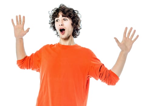 one young man caucasian gesturing surprised portrait  in studio white background