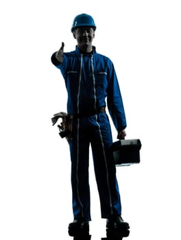 one caucasian repairman worker salutingsilhouette in studio on white background