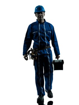 one caucasian repairman worker silhouette in studio on white background