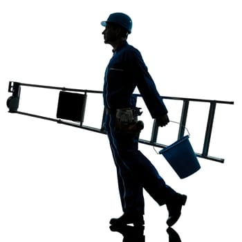 one caucasian repairman worker ladder walking silhouette in studio on white background