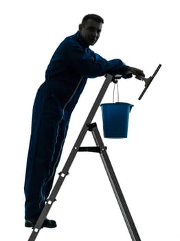 one caucasian man house worker janitor cleaning window cleaner silhouette in studio on white background
