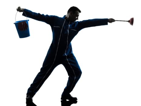 one caucasian janitor cleaner cleaning silhouette in studio on white background