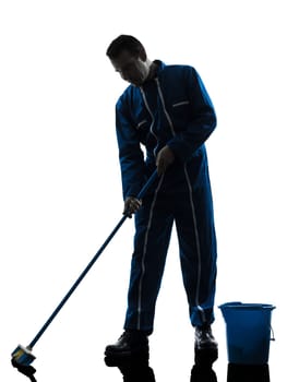 one caucasian janitor cleaner cleaning silhouette in studio on white background