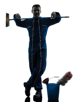 one caucasian janitor cleaner cleaning silhouette in studio on white background