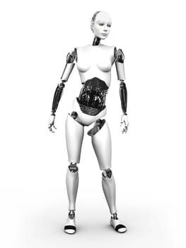 A full body image of a robot woman standing. White background.