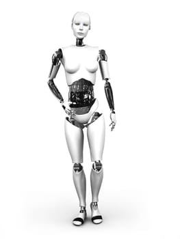 A full body image of a robot woman standing. White background.