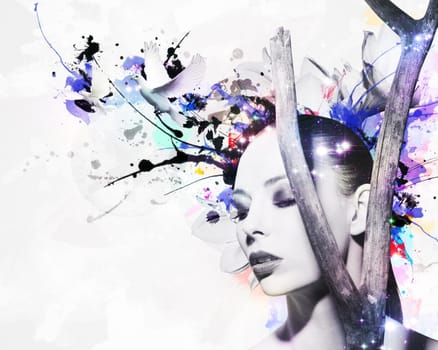 Abstract design of a beautiful woman with doves and ink stains