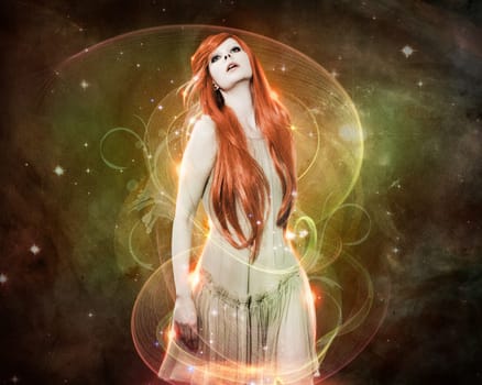 Beautiful young woman against a background with light shimmer and stars