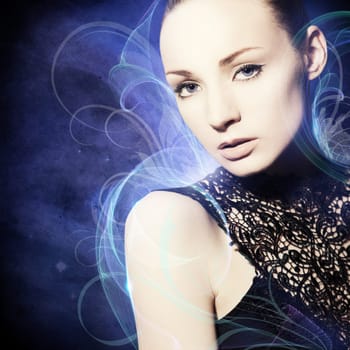 Beautiful,young woman with threads of light in the background