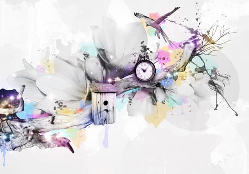 Abstrakes design with parrot and alarm clock