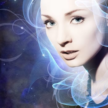 Beautiful,young woman with threads of light in the background