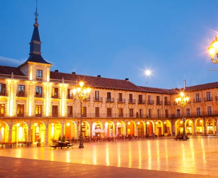 View of Plaza Mayor in Leon at sunset, Spain