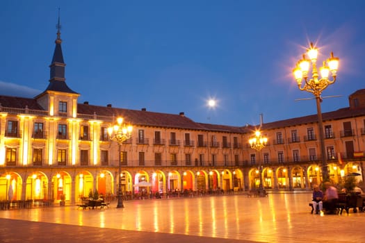 View of Plaza Mayor in Leon at sunset, Spain