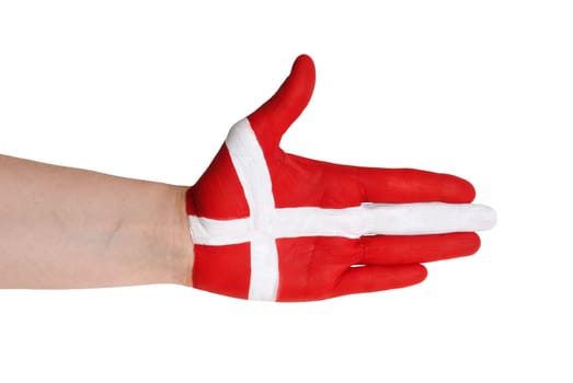 a handshake gesture in the colors of denmark