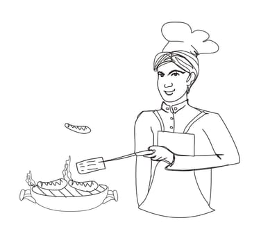 Cartoon Male dressed in grilling attire cooking meat.Barbecue icon vector set