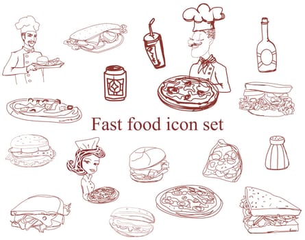 Cheerful chef serving dishes , doodle illustration set