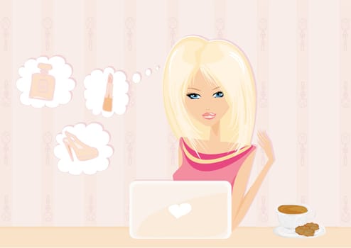 Online shopping - young smiling woman sitting with laptop computer