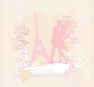 Romantic couple in Paris kissing near the Eiffel Tower Retro card