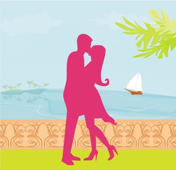 silhouette couple kissing on tropical beach