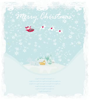 Happy New year card with Santa above village and winter landscape