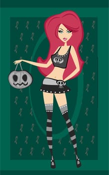 Halloween witch standing with pumpkins