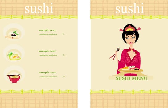 beautiful Asian girl enjoy sushi - menu template