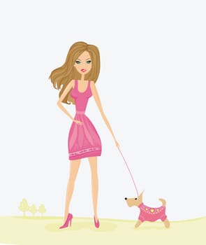 Elegant fashion shopping woman with her dog vector illustration