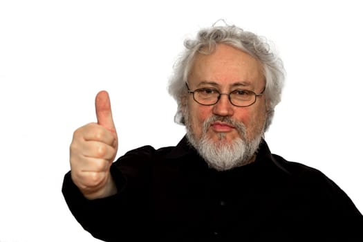 A senior is giving one thumb up