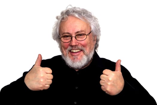 A senior is giving two thumbs up