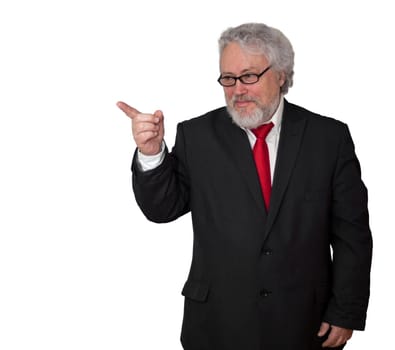 A senior is pointing to something