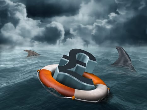 Illustration of a vulnerable sterling pound being circled by sharks