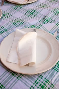 Napkin and fork on the dish in the table