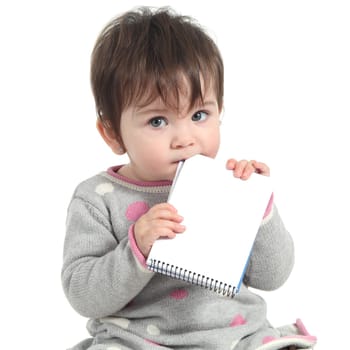 Baby holding and biting a blank notebook on a white isolated background