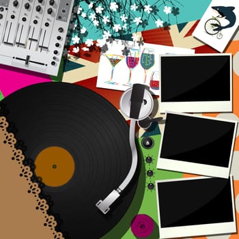 Scrapbook, collage design for dj a party. Abstract music theme background.