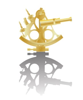 Illustration of a golden sextant instrument and reflection against white background