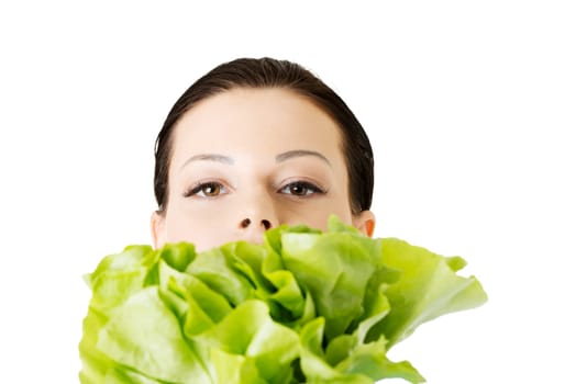 Portrait of attractive caucasian woman with salat, isolated on white