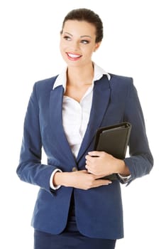 Attractive happy businesswoman, isolated on white