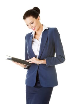 Attractive happy businesswoman, isolated on white